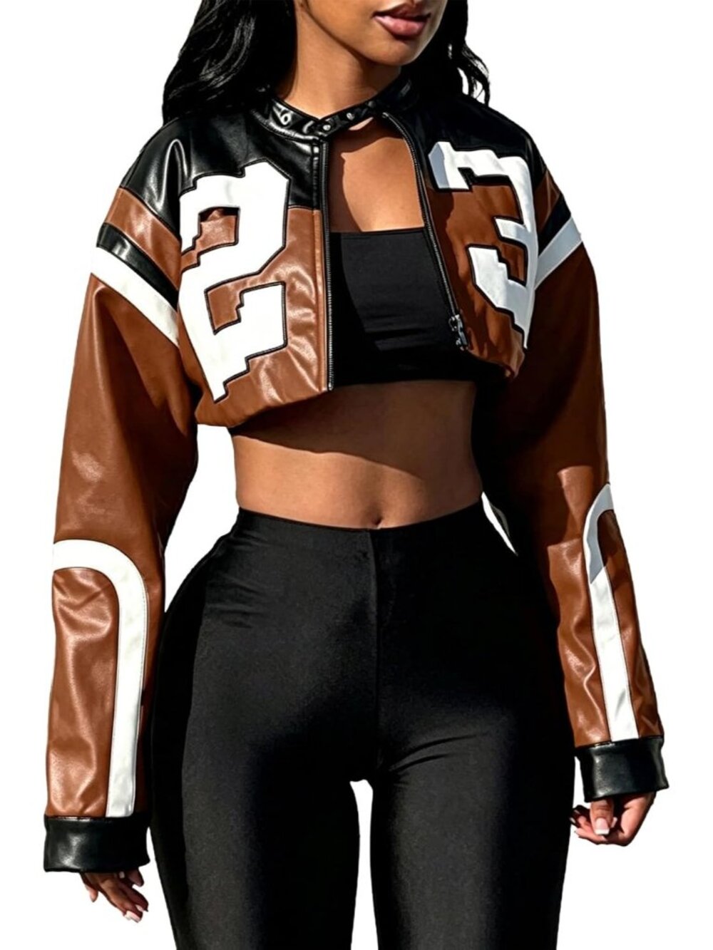 Women's T Brown Faux Leather Long Sleeve Cropped Streetwear Bomber Jackets
